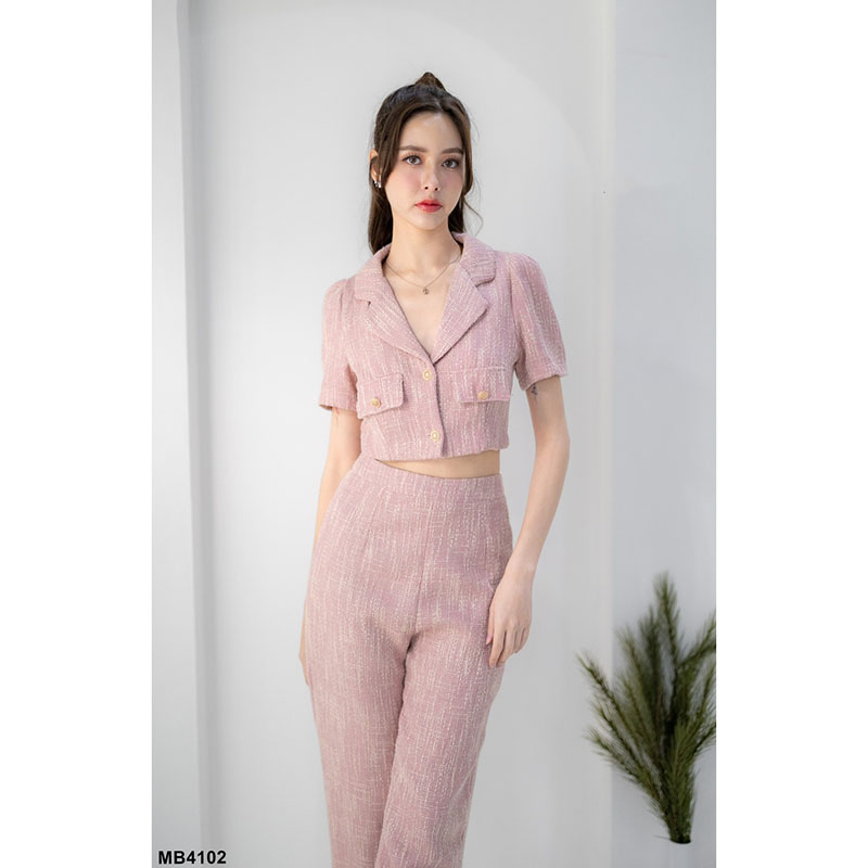 kudapy เซ็ทผ้าทวิตเสื้อปกสูท+กางเกงขายาวสีชมพู/สีดำ