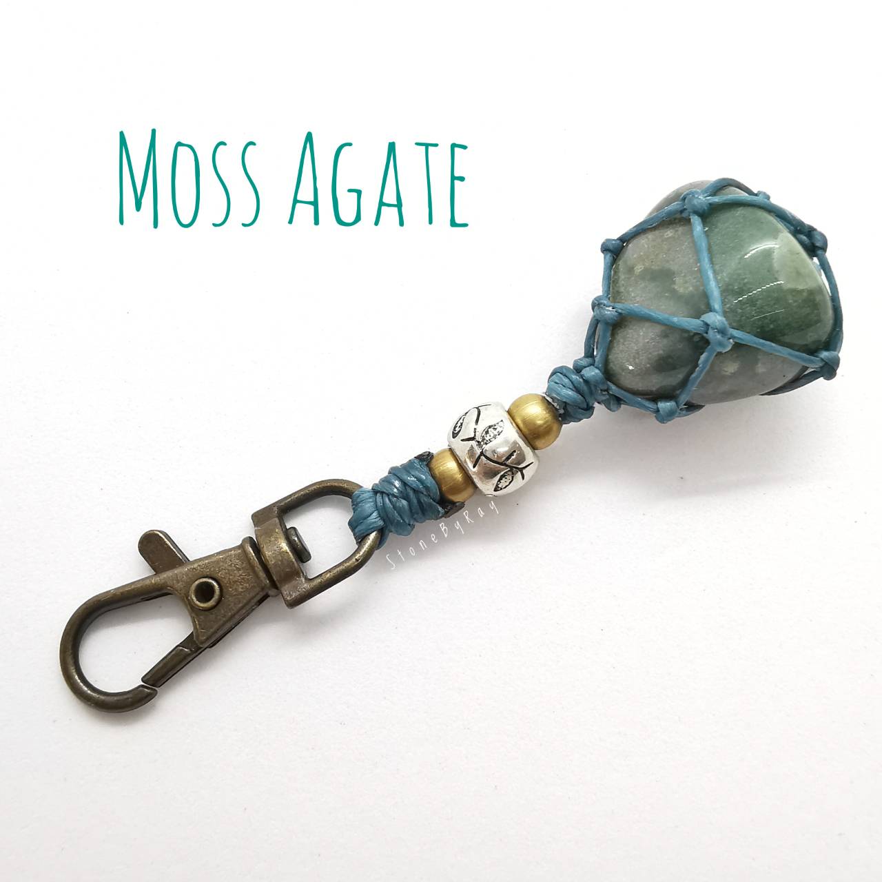 พวงกุญแจเชือกถักหินมอสอาเกต Moss Agate