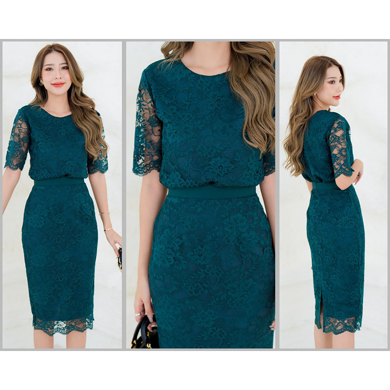 kudapy ชุดเซ็ทเสื้อ+กระโปรงสั้นสีเขียว/ฟ้า/แดง/ชมพู/ขาว ผ้าลูกไม้แขนสั้น คอกลม ใส่ออกงาน ใส่ทำงาน