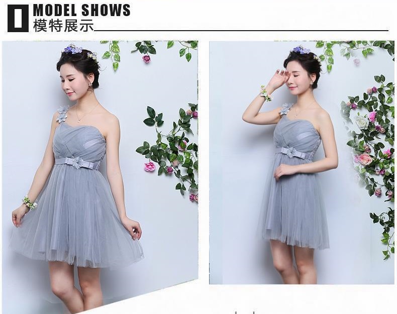 kudapy ชุดเพื่อนเจ้าสาวผ้าโปร่งตาข่ายคลุ่มไหล่สีเทา เอวประดับโบดอกไม้