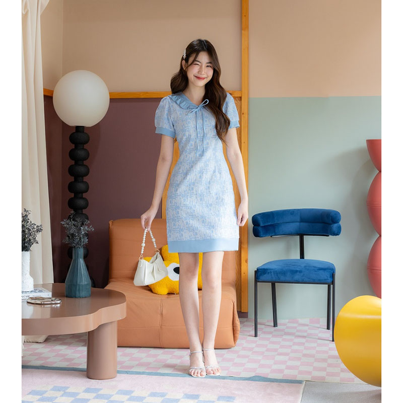 kudapy เดรสสั้นสีครีม/สีฟ้า/สีแดง ลูกไม้กะลาสีผูกโบว์