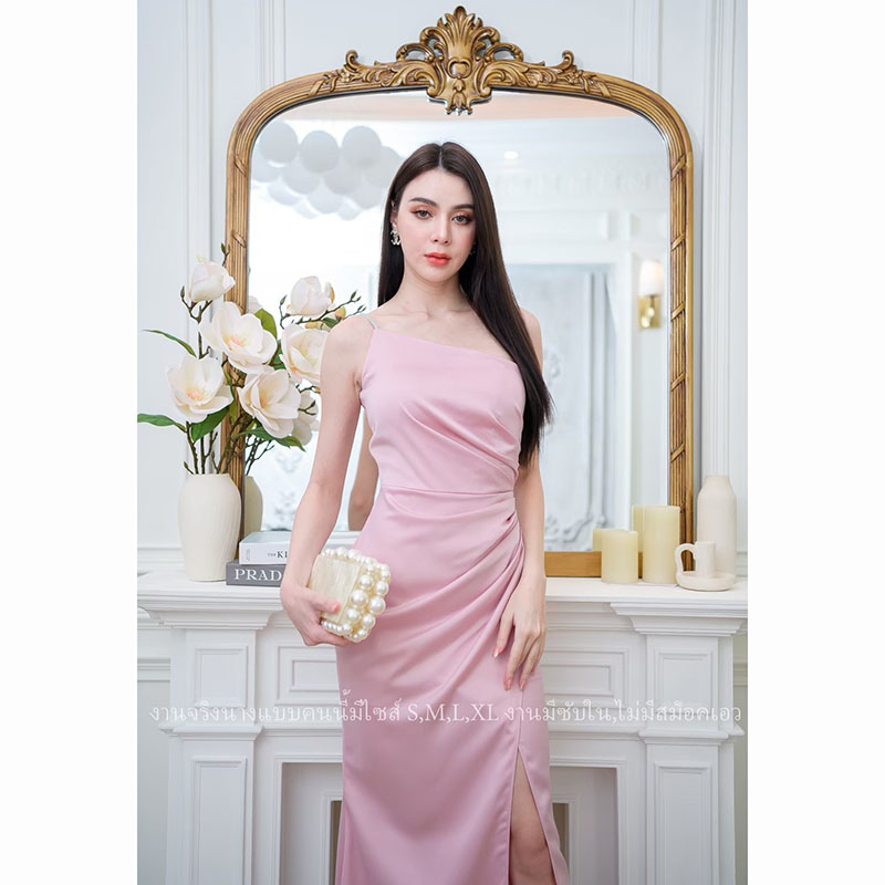 kudapy เดรสยาวสีกรม/สีน้ำตาลอิฐ/สีไวน์แดง/สีชมพูกรีบบัวชุดราตรีพรีเมี่ยมเกรด แต่งไหล่เดียวสายเพชร ใส่ออกงาน หรือยกตีมเพื่อนเจ้าสาว