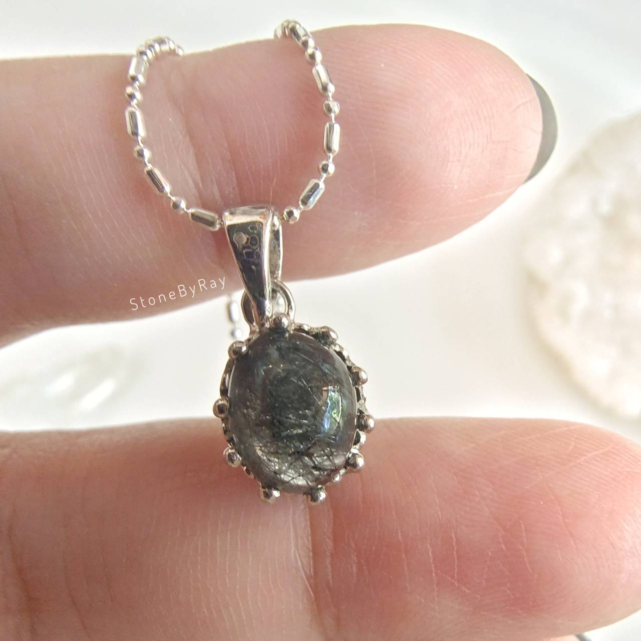 สร้อยคอเงินจี้หินไหมดำ Black Tourmaline Quartz