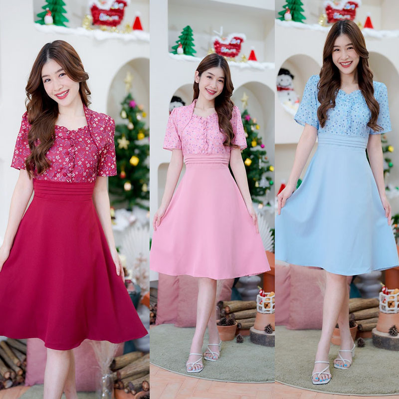 kudapy เดรสสั้นสีฟ้า/สีชมพู/สีแดง ลายดอกแต่งเอว สวยดูดี ทรงเอใส่สบาย