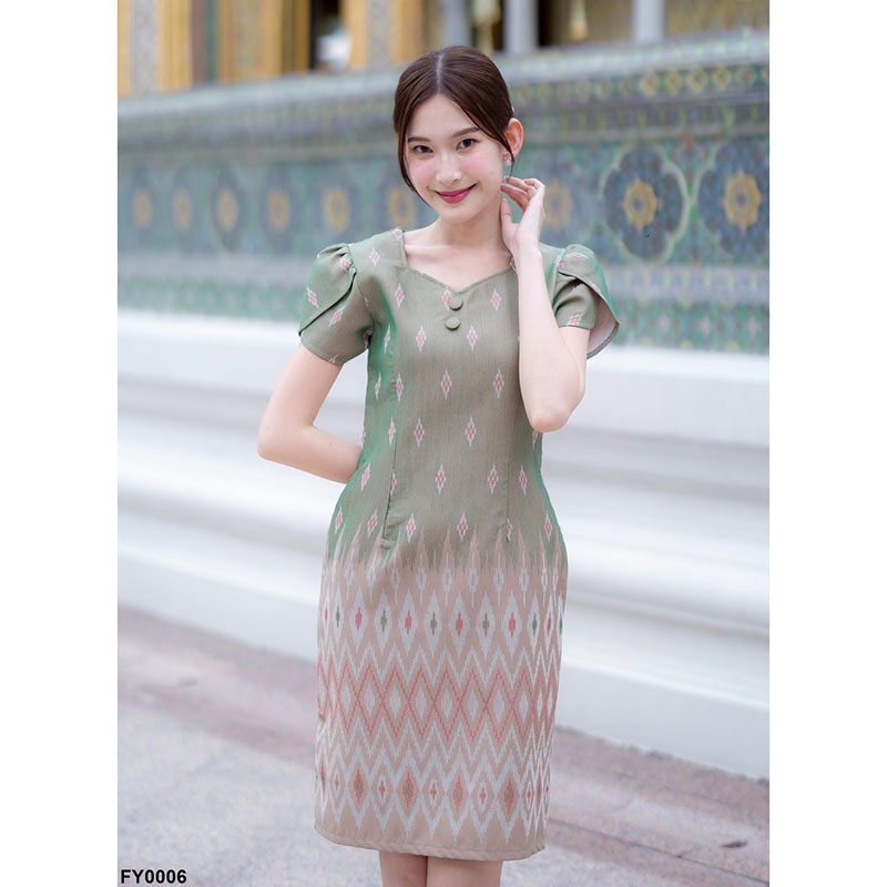 kudapy เดรสสั้นสีฟ้า/สีครีม/สีชมพู ผ้าทอแขนกลีบบัว ผ้าลายไทย ใส่ออกงานสวยดูดี