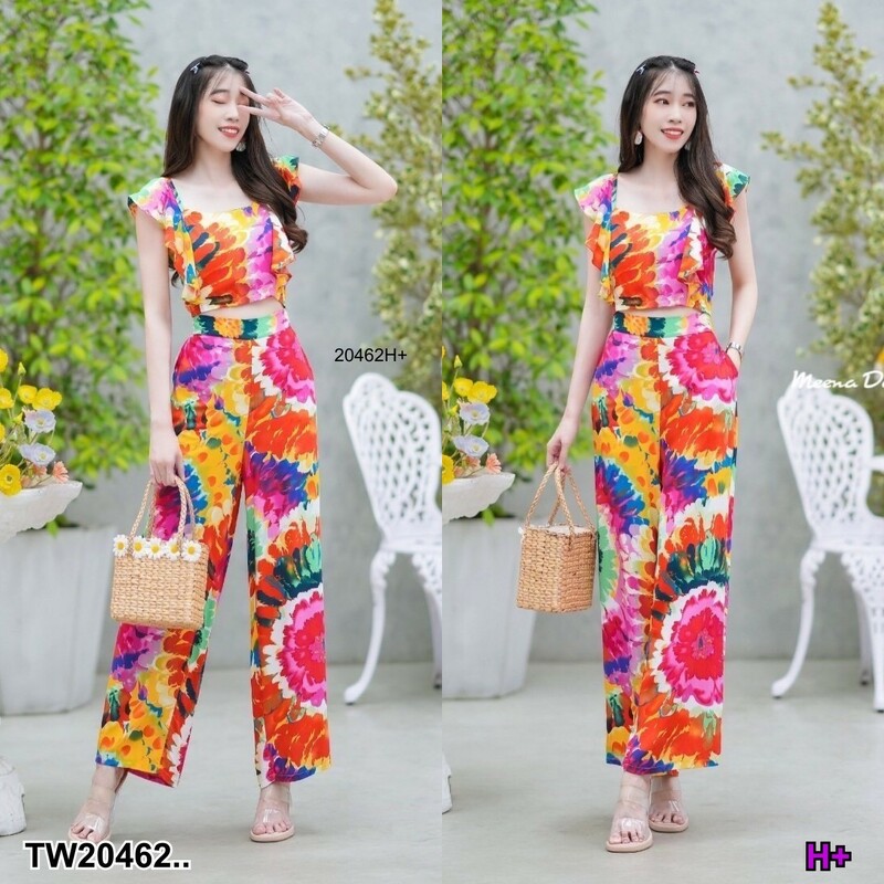 kudapy set 2 ชิ้น เสื้อครอปมัดย้อมแขนระบาย + กางเกงขายาว จะใส่เที่ยวใส่ชิลล์ ใส่ไปทะเล ก้สวยชิลล์