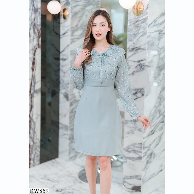 kudapy เดรสสั้นคอกลมสีฟ้า/สีชมพู/สีเขียว ใส่ทำงานแขนยาวคอระบายผูกโบว์กลางอก