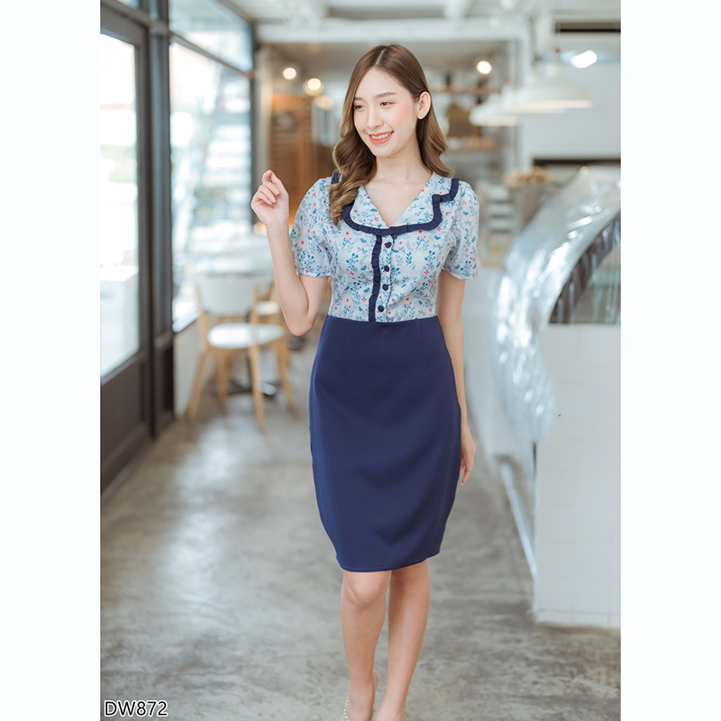 kudapy เดรสสั้นสีเขียว/สีชมพู/สีกรม คอบัวลายดอก ใส่สบายสวยดูดี