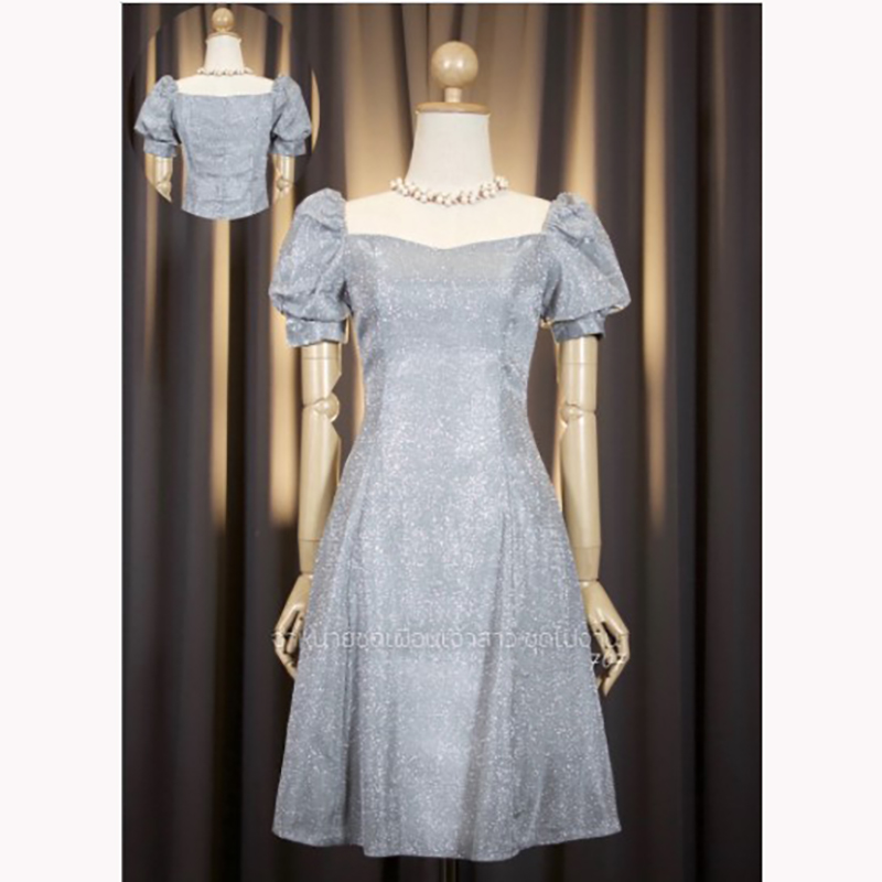 kudapy เดรสสั้นสีเทาเงิน/สีฟ้า/สีทองแชมเปญ/สีม่วงอ่อน แขนตุ๊กตา ทรงอกหัวใจ เนื้อผ้า Glitter ละเอียด สวยเด่นแต่ไม่เว่อร์ ผ้าไม่ยืด มีซับใน ไม่บาด ไม่คันผิว