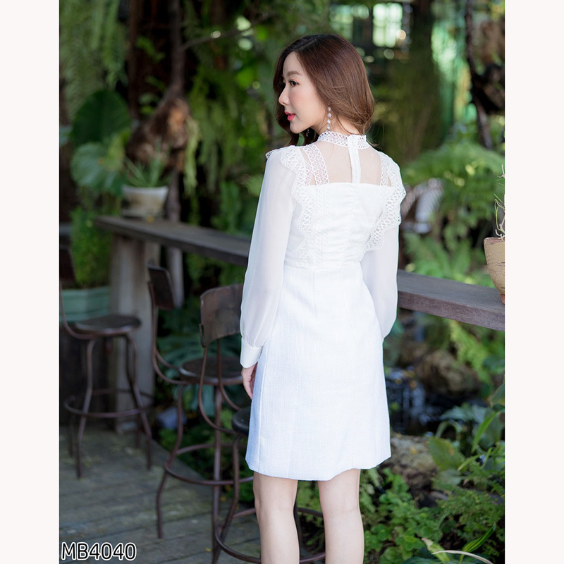 kudapy เดรสสั้นสีขาว/สีชมพู/สีครีม/สีดำ แขนยาวชีฟองอกระบายลูกไม้ ใส่สบายสวยดูดี