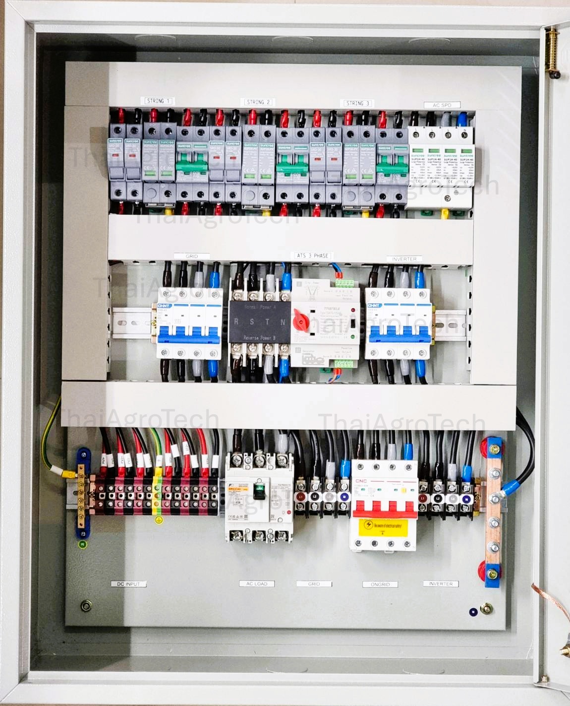 ตู้คอมบายเนอร์แบบไฮบริดแบบออนออฟกริด 3สตริง 3เฟส Hybrid On-OffGrid ขนาด 10kw-40Kw MCCB, RCBO, DC 3string 1000V, ATS 100A 4P (3Phase) ระบบโซล่าเซลล์ ไฮบริด #Deye #Growatt #PowMr #SRNE #LVTOPSUN #Anern