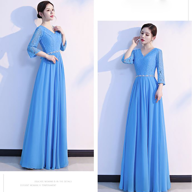 kudapy ชุดราตรียาวสีฟ้า ไซส์ใหญ่ แขนสามส่วน แต่งลูกไม้ กระโปรงผ้าชีฟอง เอวแต่งเพชร