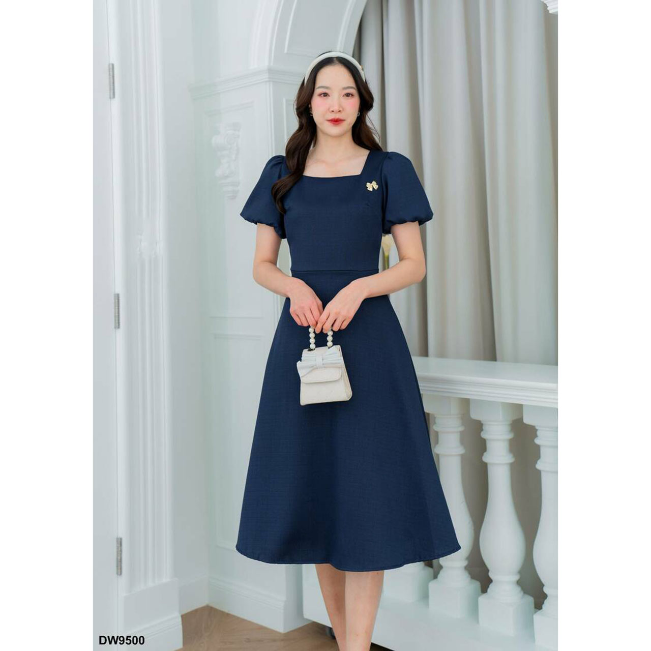 kudapy เดรสสั้นสีเหลือง/สีฟ้า/สีกรม แขนตุ๊กตากระโปรงบาน