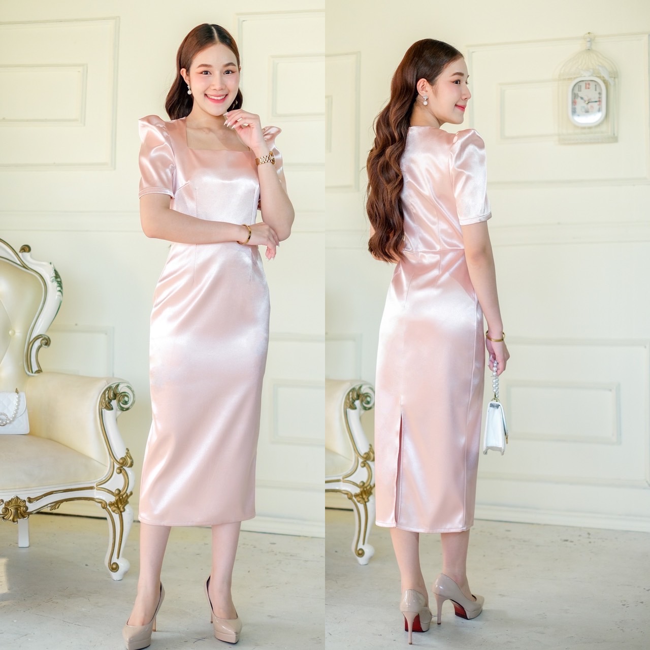 kudapy เดรสสั้นสีชมพู/สีทอง/สีกรมท่า/สีแดง/สีฟ้า ทรงสอบ คอเหลี่ยม แขนสั้น จับจีบยกบ่า กระโปรงทรงสอบ เก็บสะโพก