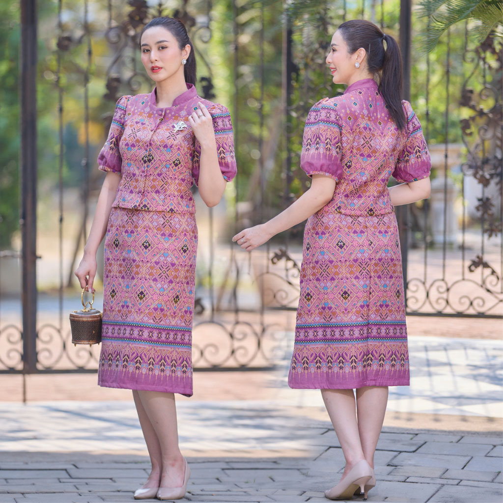 kudapy ชุดเซ็ทสีม่วง เสื้อคอจีน ผ้าทอลายไทย อัดกาวทั้งชุด ชุดออกงา เนื้อเบาสบาย ทรงคุณค่า