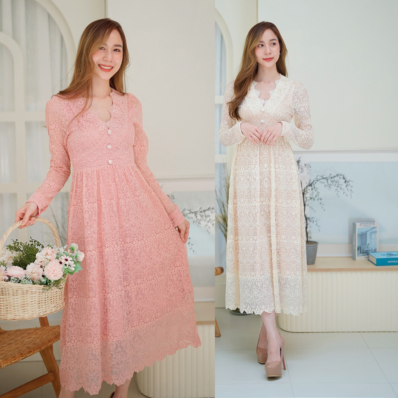 kudapy เดรสยาวสีชมพุ/สีครีม ลูกไม้แขนยาวสวยใส่สบายดูดี