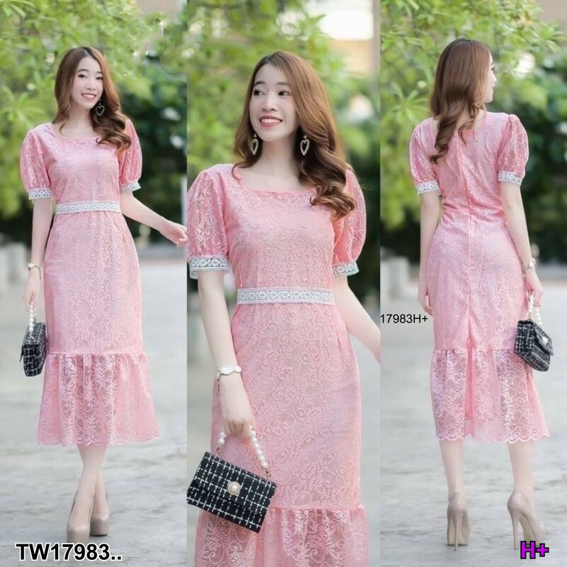 kudapy เดรสยาว เดรสคอเหลี่ยมแขนสั้น ผ้าลูกไม้ มีซับใน ปลายแขนกับเอวแต่งคาดด้วยลูกไม้ มีซิปหลัง