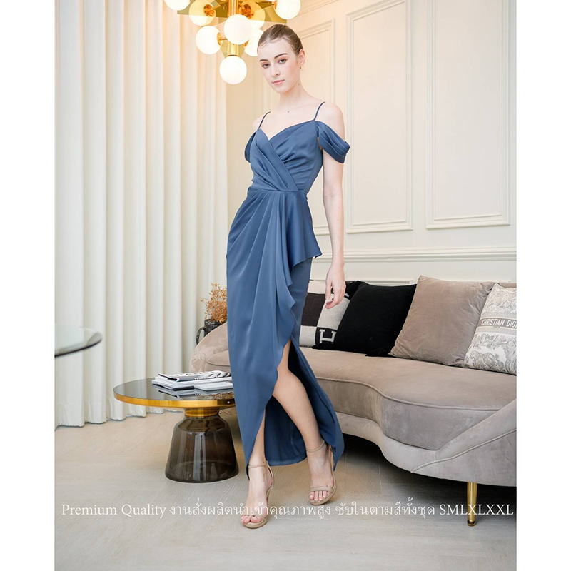 kudapy เดรสยาวสีเทาอมกรม/สีชมพูกลีบบัว ชุดราตรีไหล่ปิดไหล่ ทรงจับจีบผ่าข้างระบาย