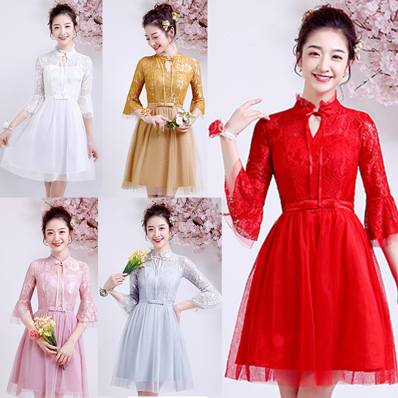 kudapy เดรสสั้นสีเทา/สีแดง/สีชมพู/สีส้ม/สีขาว ราตรีออกงานสั้นซีทรู ทรงเหมือนคอจีน
