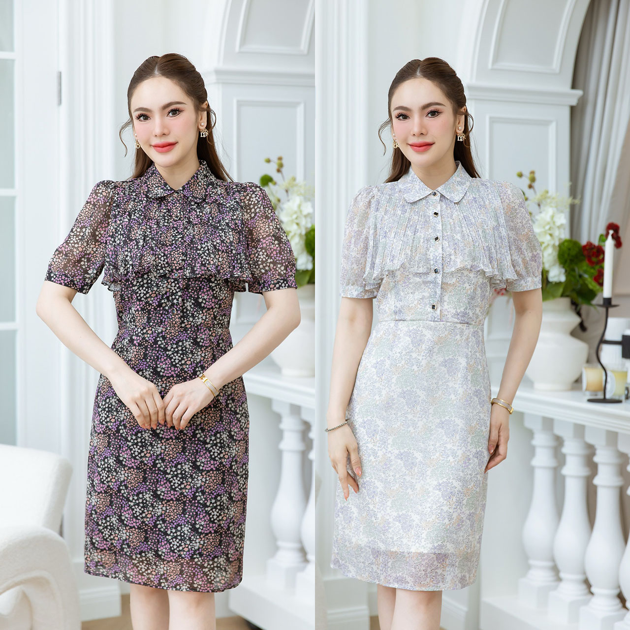 kudapy เดรสคอปกอกพลีทระบาย ลายดอกเล็กสวยละมุน ดีเทลสวยเก๋มากๆ ช่วงอกเป็นกระดุมใบโควเวอร์ดำ