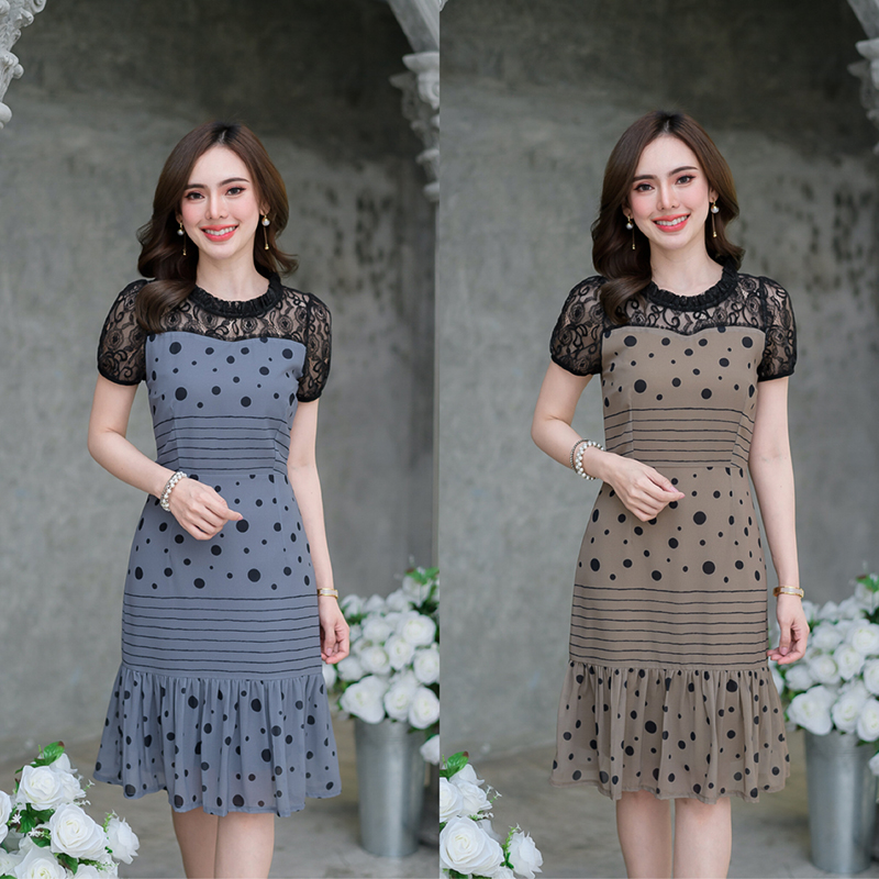 kudapy เดรสสั้นสีเทา/สน้ำตาล ผ้าชีฟองพิมพ์ลาย ไหล่ลูกไม้ สวยเก๋ ไม่เหมือนใคร พิมพ์ลายจุดสลับลายเส้น สวยแปลกตา