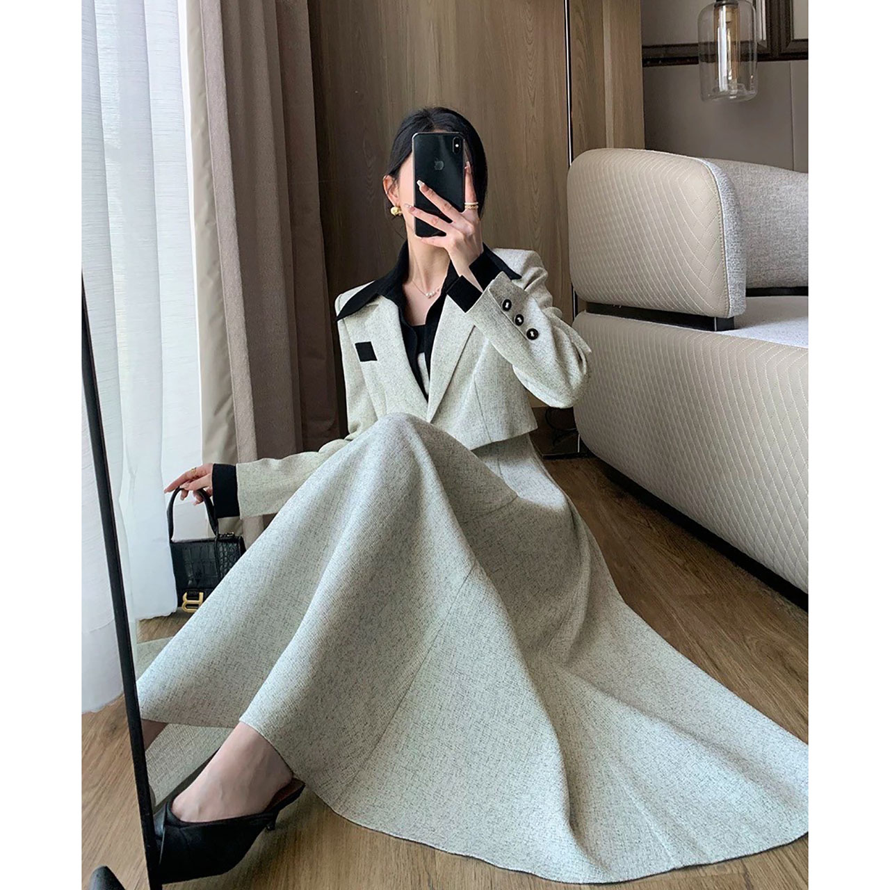 kudapy เซ็ทเดรสยาว มาพร้อมกับเสื้อคลุมลุคทูโทน สวยหรูลุคคุณหนู(แถมฟรีเข็มกลัดดอกไม้)