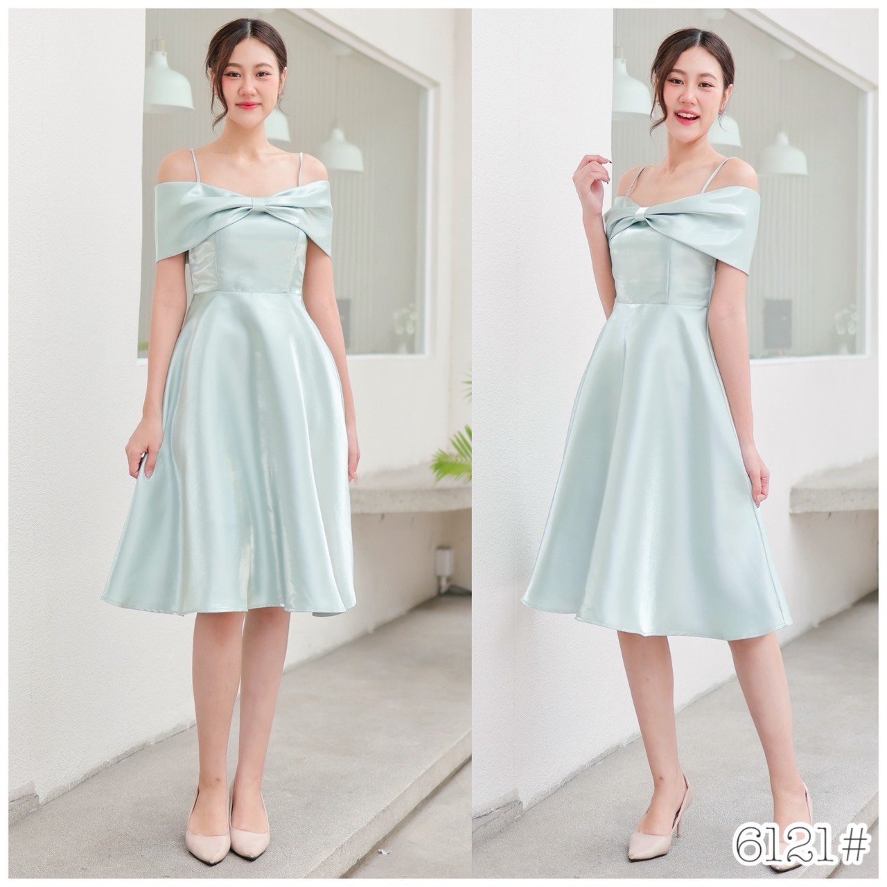 kudapy เดรสสั้นเปิดบ่า โบว์อก กระโปรงบาน เอวสูงความยาวปิดเข่า