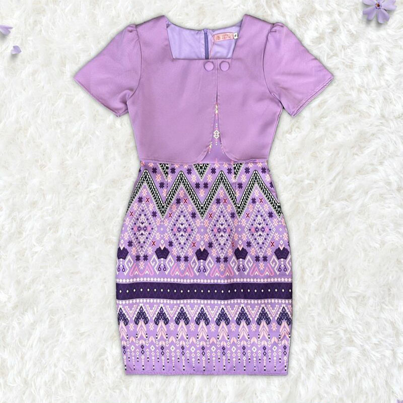 kudapy เดรสสั้นสีชมพู/สีม่วง ผ้าทอกั๊กพื้นกระโปรงลายไทย