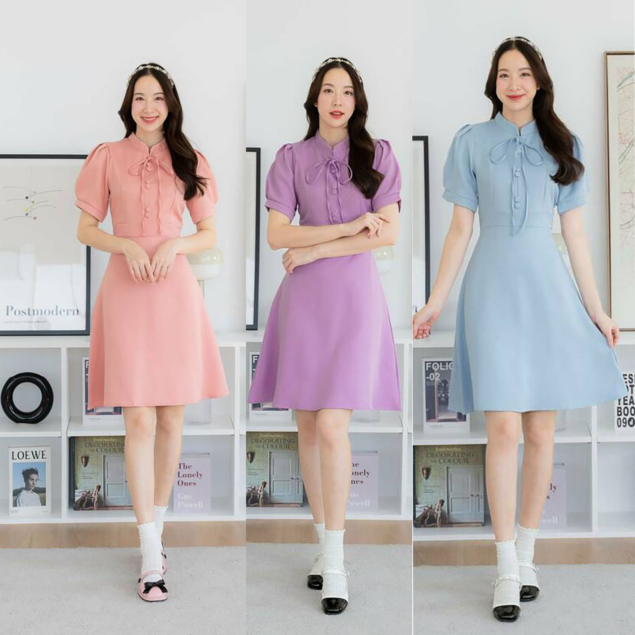 kudapy เดรสสั้นสีฟ้า/สีม่วง/สีชมพู กระโปรงบานผ้าพื้นผูกคอ
