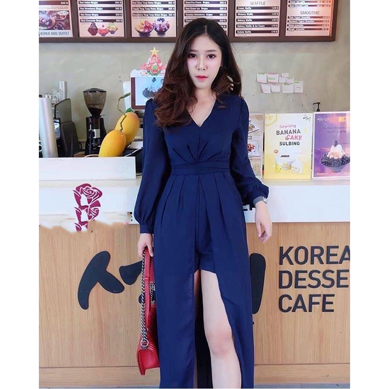 kudapy เดรสจั้ม แขนยาวกระโปรงยาวผ่าหน้า มีกางเกงด้านใน ผ้าพริ้วสวย งานใส่สบาย