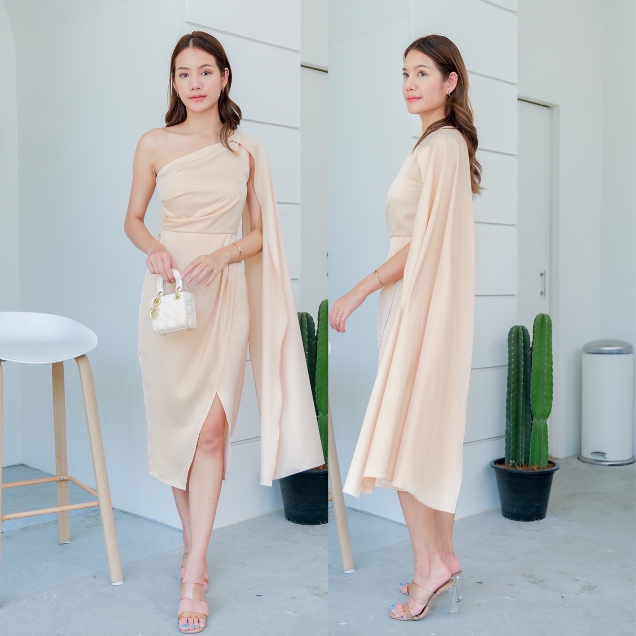 kudapy เดรสสั้น ใส่ออกงานไหล่เดี่ยว กระโปรงทิวลิป แต่งชายสไบ มีซับกระโปรงสั้นด้านใน