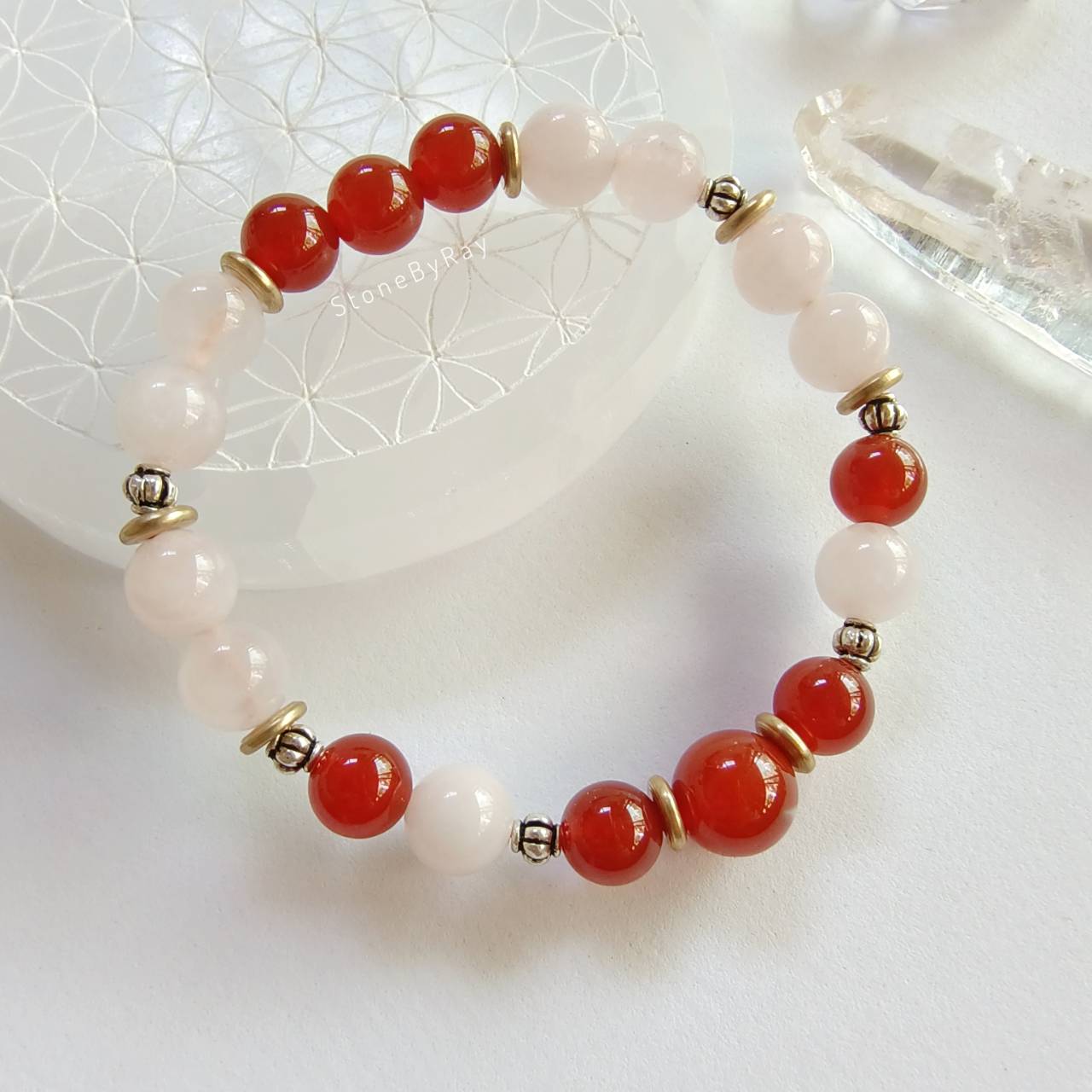 สร้อยข้อมือหินโรสควอตซ์กับคาเนเลี่ยน Rose Quartz+Carnelian