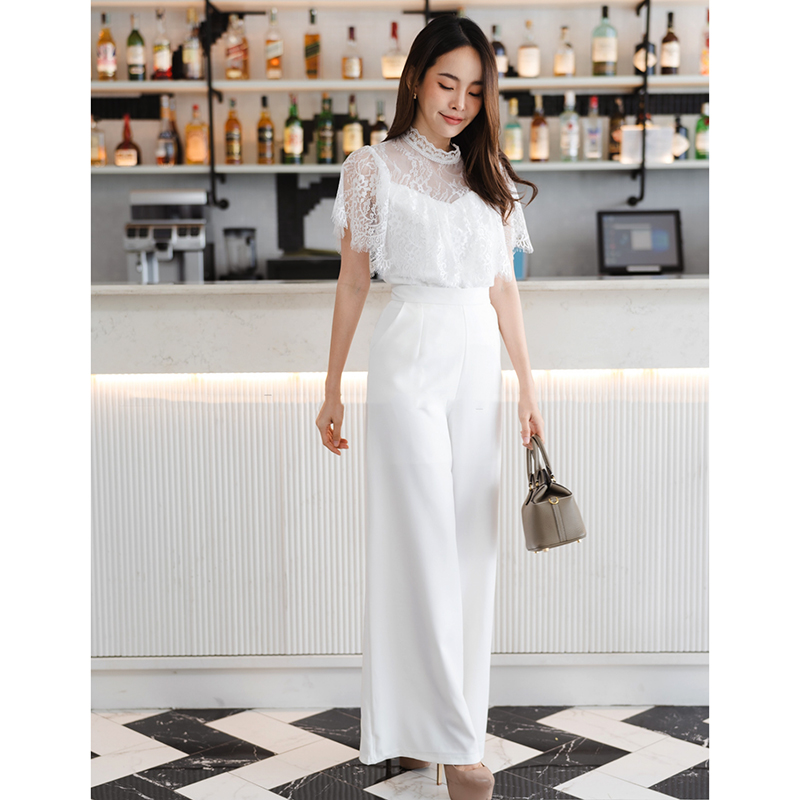 kudapy เซท 2ชิ้น เสื้อลูกไม้+กางเกงขายาว สีขาว/สีชมพู/สีฟ้า/สีทอง แต่งระบายอก