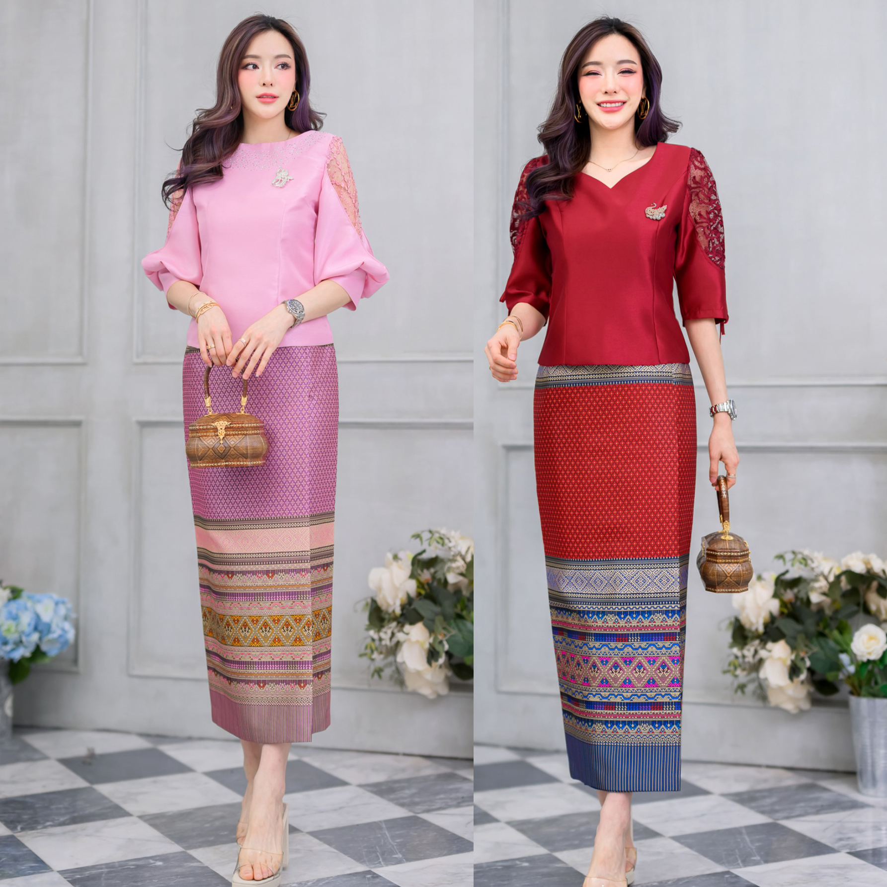 kudapy เซต2 ชิ้น เสื้อลูกไม้แขนยาวสีชมพู/สีแดง แขนพองยาวสามส่วน แต่งซีทรู ลูกไม้สามมิติ เอวเก็บทรงสวยมากค่ะ (ซื้อแยกชิ้นได้ค่ะ)