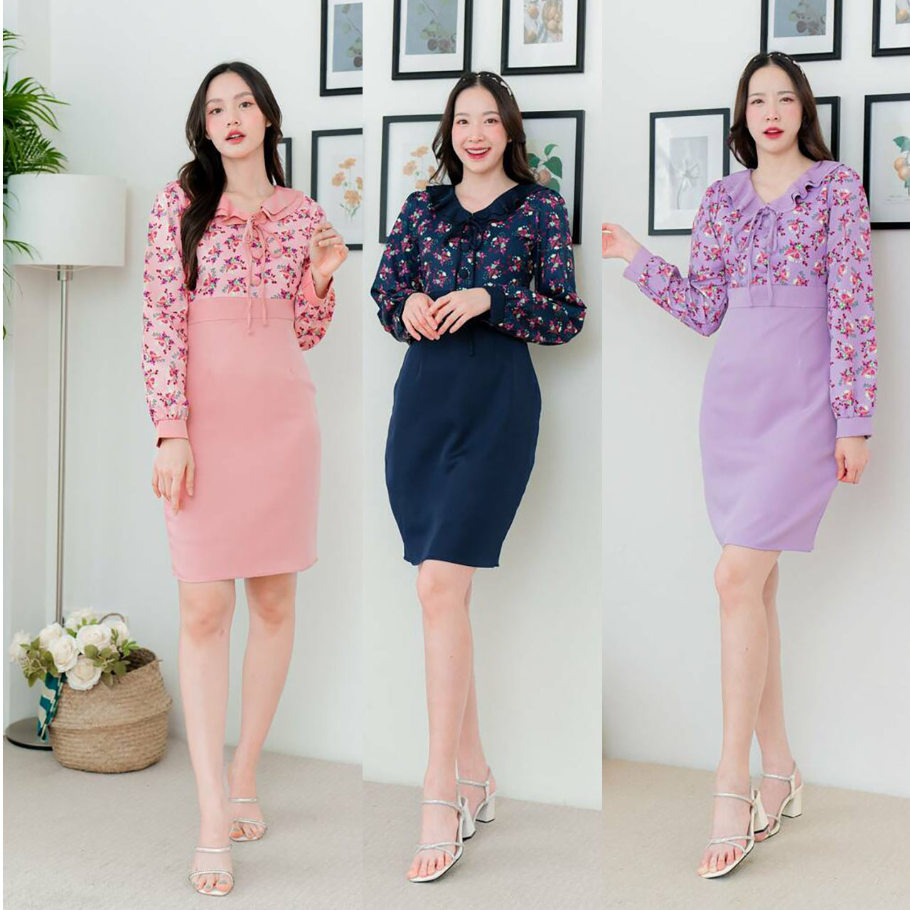 kudapy เดรสสั้นสีชมพู/สีกรม/สีม่วง แขนยาวลายดอก