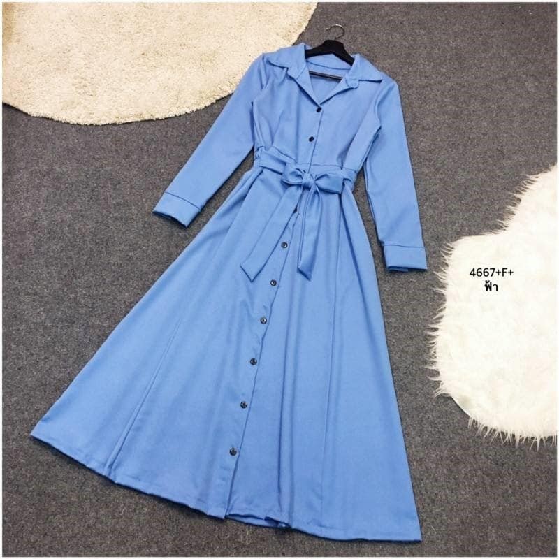 kudapy Maxi Dress แม็กซี่เดรสเชิ้ตแขนยาว สีพื้น งานเชิ้ตแต่งคอปกกระดุมช่วงหน้ายาวข้างเอวเย็บติดสายผูกเอว