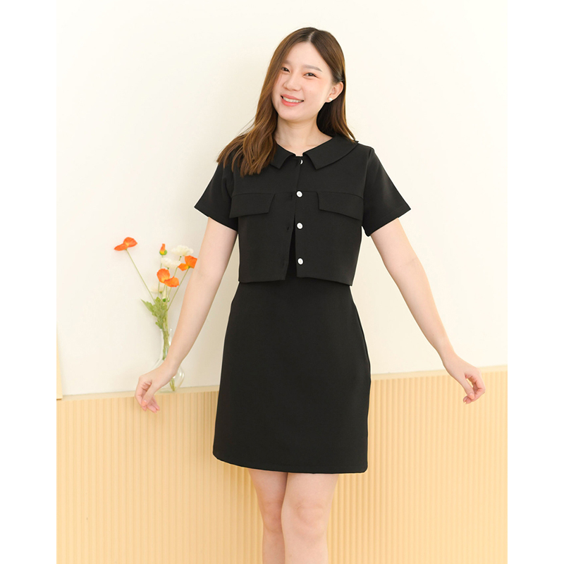 kudapy kudapy เดรสสั้นสีมัทฉะ/สีดำ/สีโอรส คอปก กระดุมอกแกะได้จริง สวยปัง