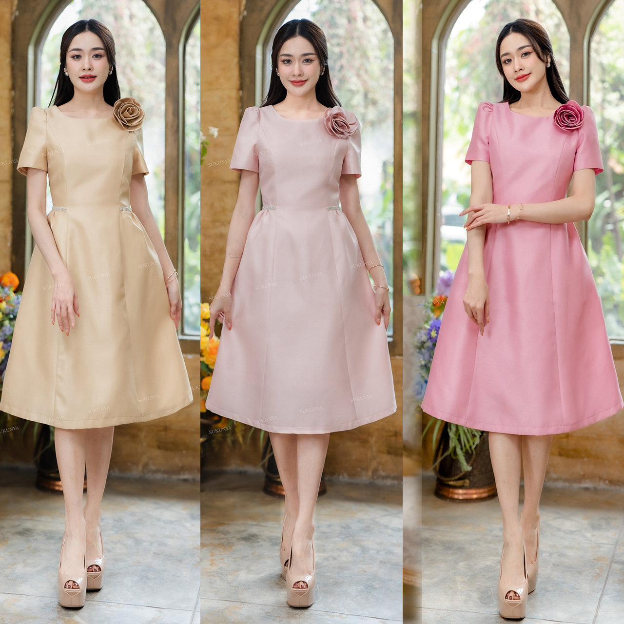 kudapy เดรสสั้นสีชมพู/สีทอง/สีชมพูพิ้งโกล ผ้าจิตลดา ตัวผ้าไหมจิตลดา ทรงเอทรงเจ้าหญิง คอกลมปาด แขนสั้นยกไหล่