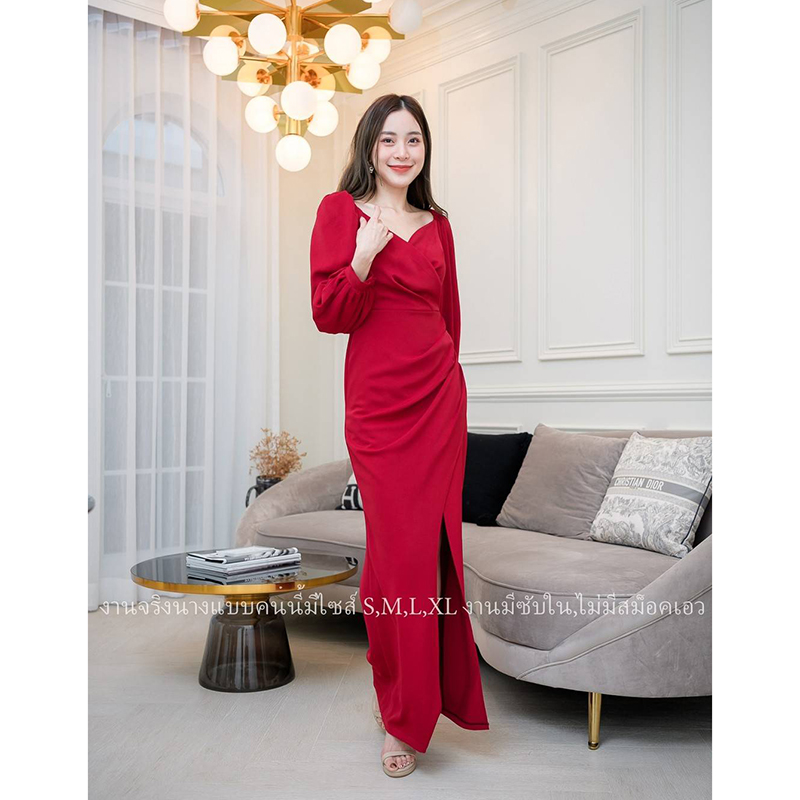 kudapy เดรสราตรีแขนยาวปาดคอวีสีแดง/สีเขียว/สีชมพู ผ่าสูงข้าง งานสวยคุ้มราคา ซิปหลังมีซับใน เริ่ดมากก