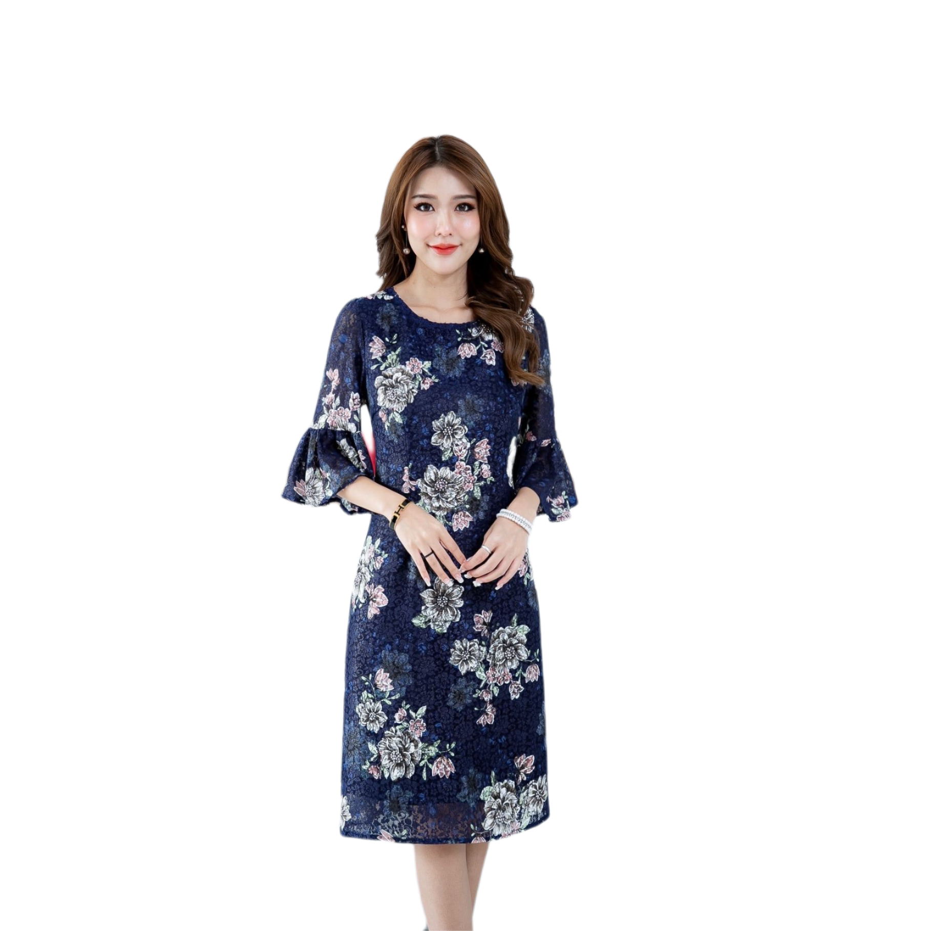 kudapy เดรสไปงานสั้นสีแดงอมม่วง/ สีกรมท่า แขนสามส่วนทรงกระดิ่ง คอกลม พิมพ์ลายดอก มีซับใน ซิบหลังอย่างดีค่ะ