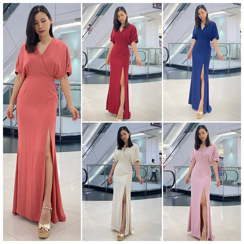 kudapy เดรสยาวสีครีม/ชมพูนุ๊ด/ชมพูพีช/แดงเข้ม/กรม แขนสามส่วน อกไขว้ ช่วงบนเย็บกระทุ้งข้างเอว เข้ารูปแต่ไม่รัดทรง กระโปรงหางปลา