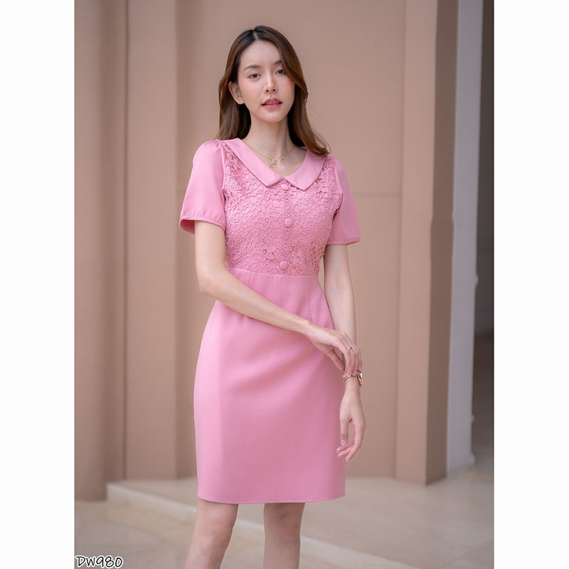 kudapy เดรสสั้นสีชมพู/สีฟ้า ผ้าทออกลูกไม้ ใส่ออกงานสวยดูดี น่ารัก