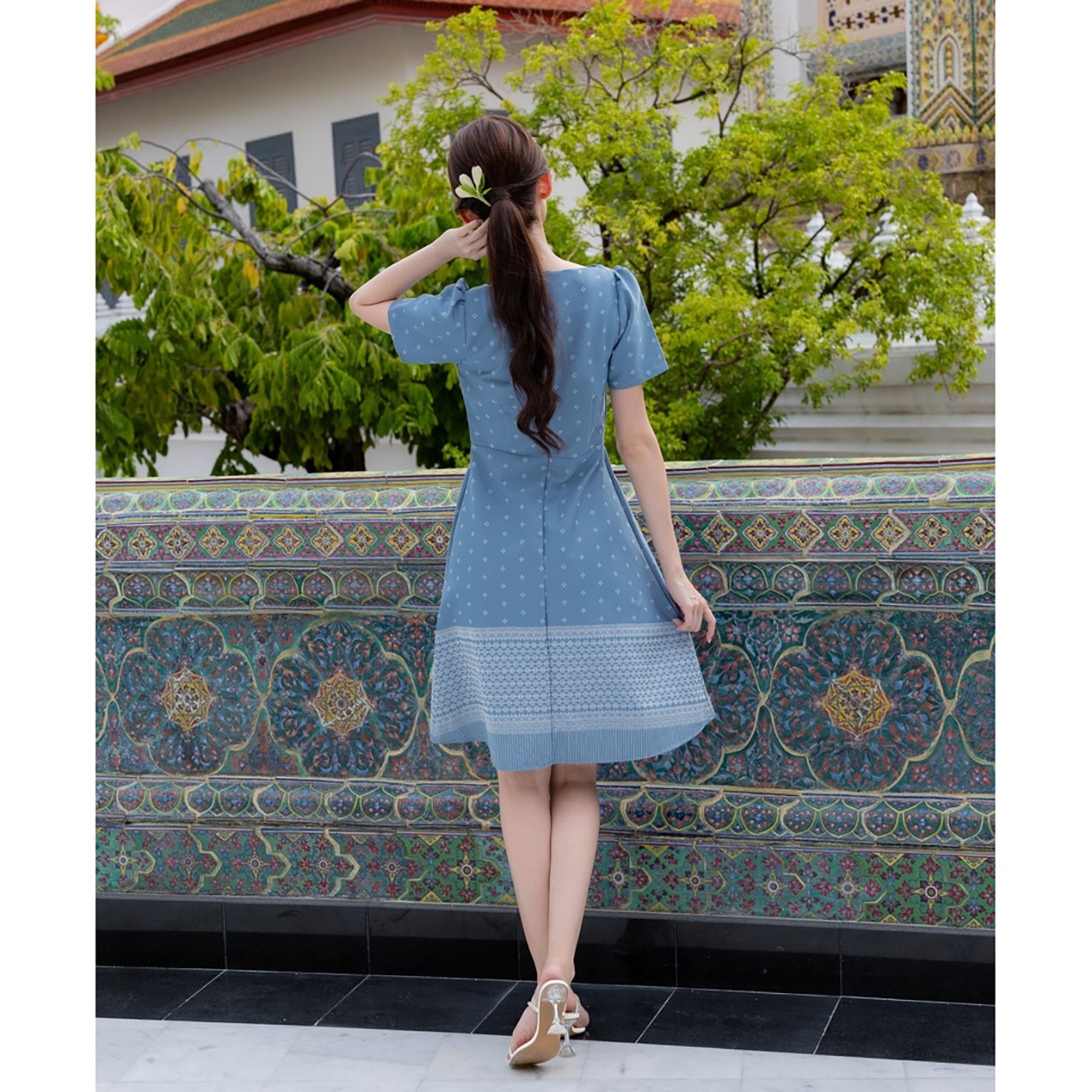 kudapy เดรสสั้นสีฟ้า ผ้าไทยวันแม่ทรงบาน แขนสั้น