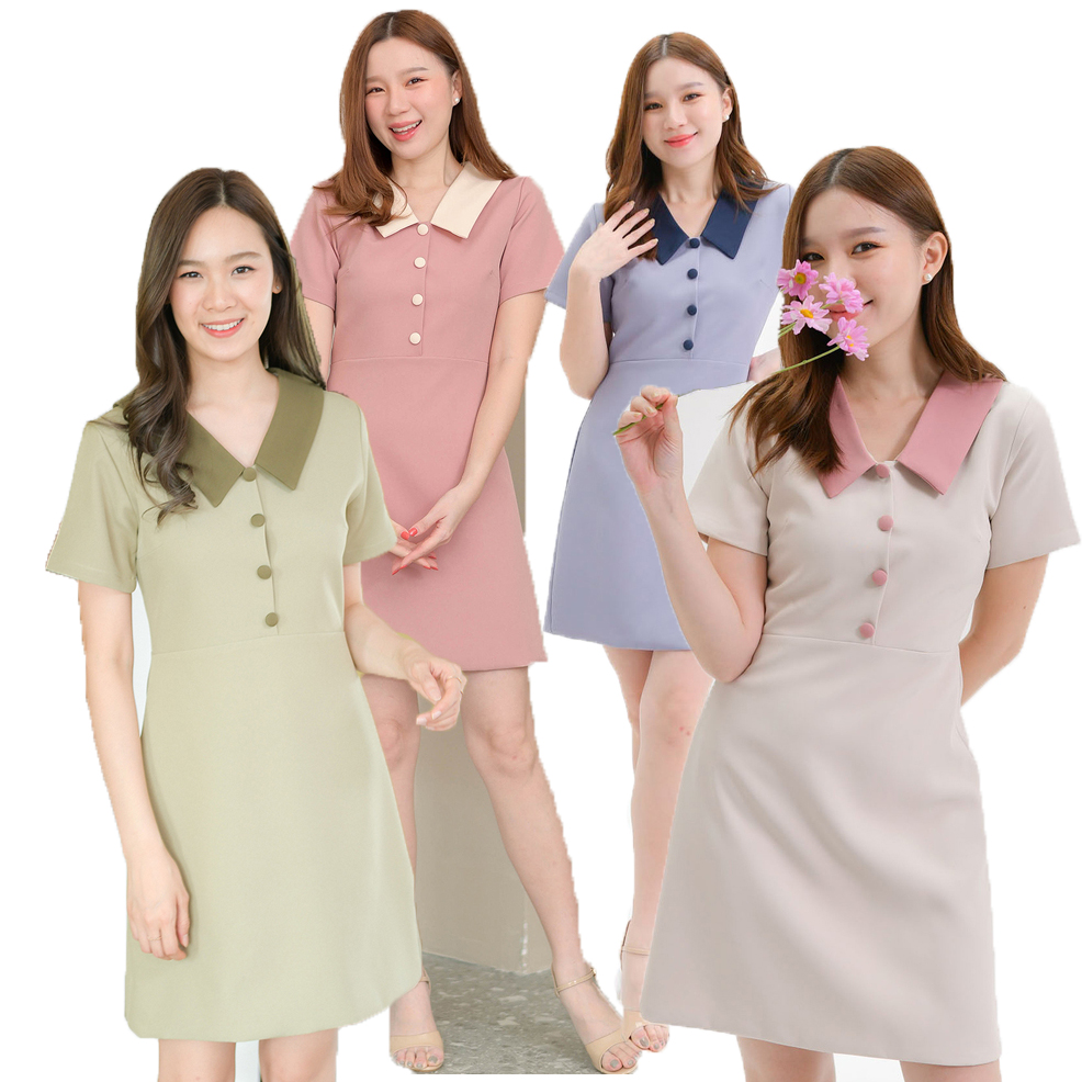 kudapy เดรสสั้นสีเขียว,มัทฉะ,ชมพูเข้ม,เขียวเลมอน,ดำ,ชมพูอ่อน,น้ำตาลเทาหม่น,ครีมชมพู,เทาฟ้า คอปกแขนสั้น กระโปรงทรงเอเล็กๆ แพทเทิร์นตัดต่อกลางตัวเสื้อแต่งกระดุมปั๊มสีเดียวกับปก