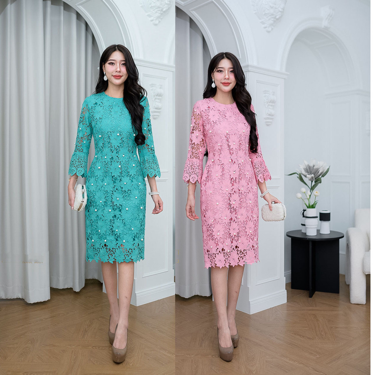 kudapy เดรสสั้นสีเขียว/สีชมพู ผ้าลูกไม้ถัก ผ้าทอลายดอกไม้หนานุ่ม งานดีไซน์คอกลม ปลายแขนแต่งระบาย ความยาวคลุมเข่า