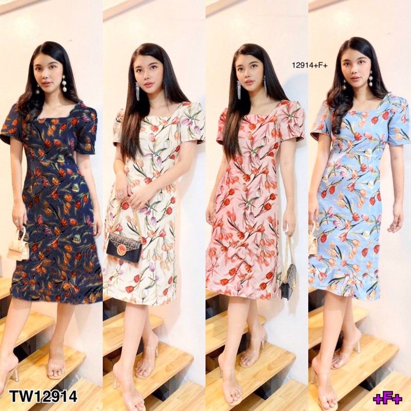 kudapy แม็กซี่เดรสคอกลมสีกรม /สีครีม /สีชมพู /สีฟ้า พิมพ์ลายดอก ผ่าหลัง