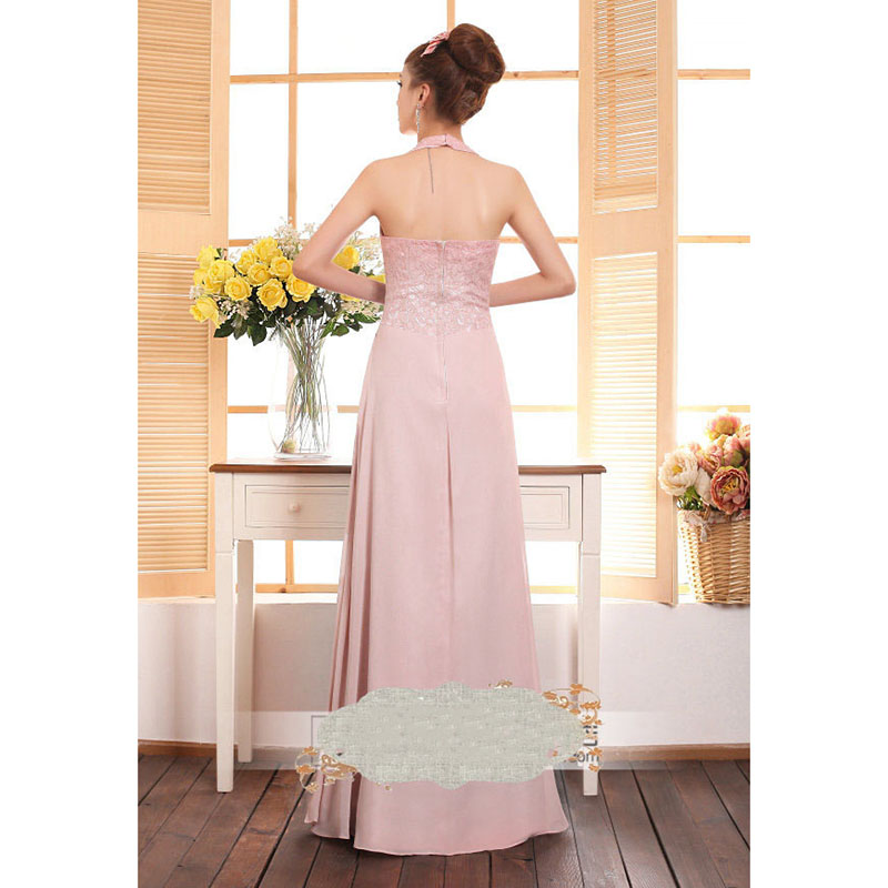 kudapy ชุดราตรียาวสีชมพู คล้องคอ Nude pink แต่งลูกไม้ช่วงอกสวยดูดีมากๆ