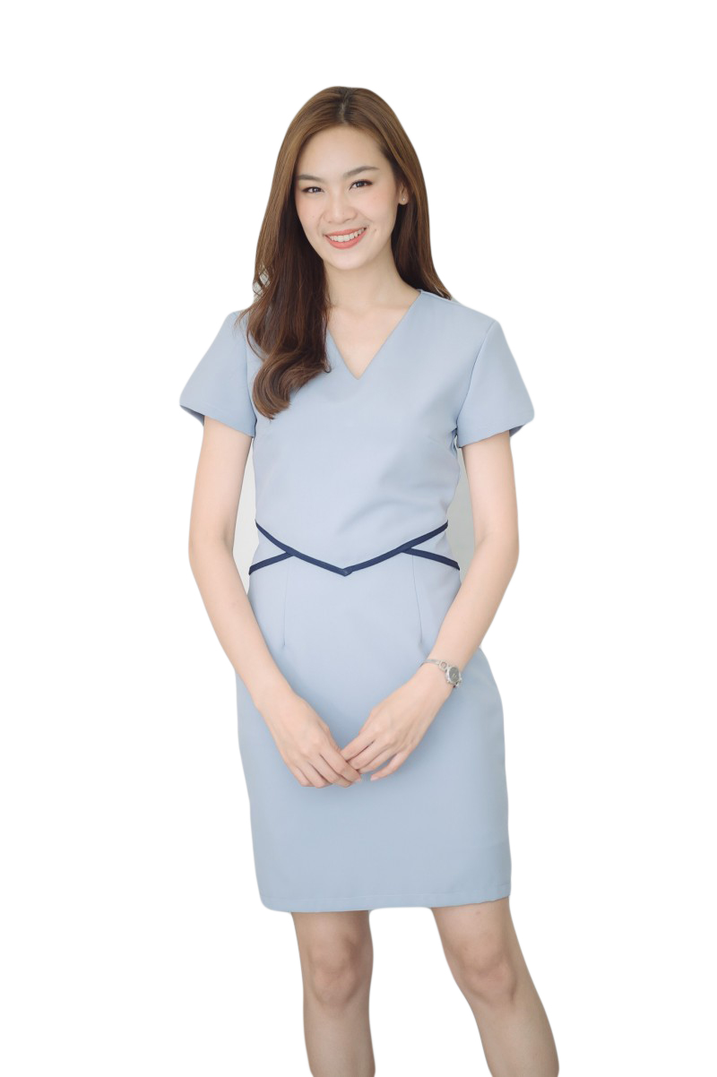 เดรสสั้นคอวี แขนสั้นสีเทาฟ้า แต่งลายที่เอว เดรสทำงานทรงสวย งานดีมาก ซิบหลัง ซับใน