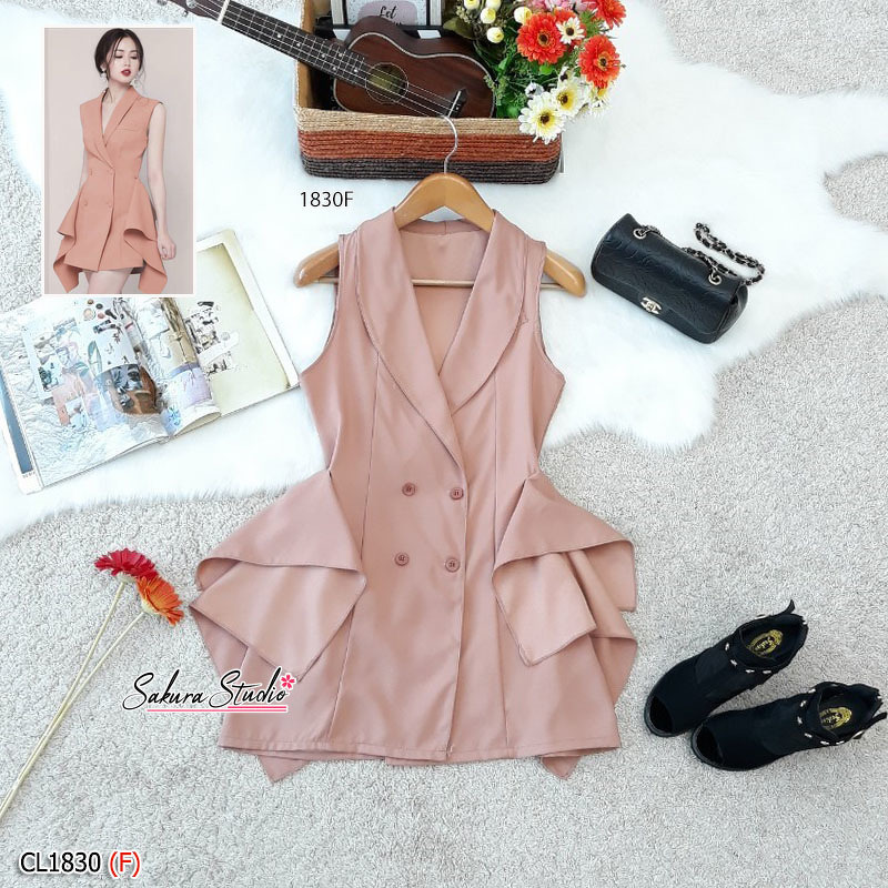 kudapy เดรสสูท แขนกุด ติดกระดุมหน้าแกะออกได้จริง งานผ้าซาร่าอย่างดี เอวไม่สม็อค ดีเทลแต่งระบาย 2 ข้าง