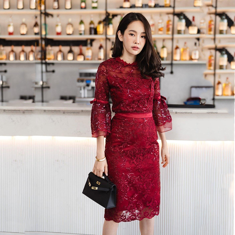 kudapy ชุดไทยประยุกต์ ชุดไปงานบวชสีชมพู/สีแดง เซตเสื้อลูกไม้